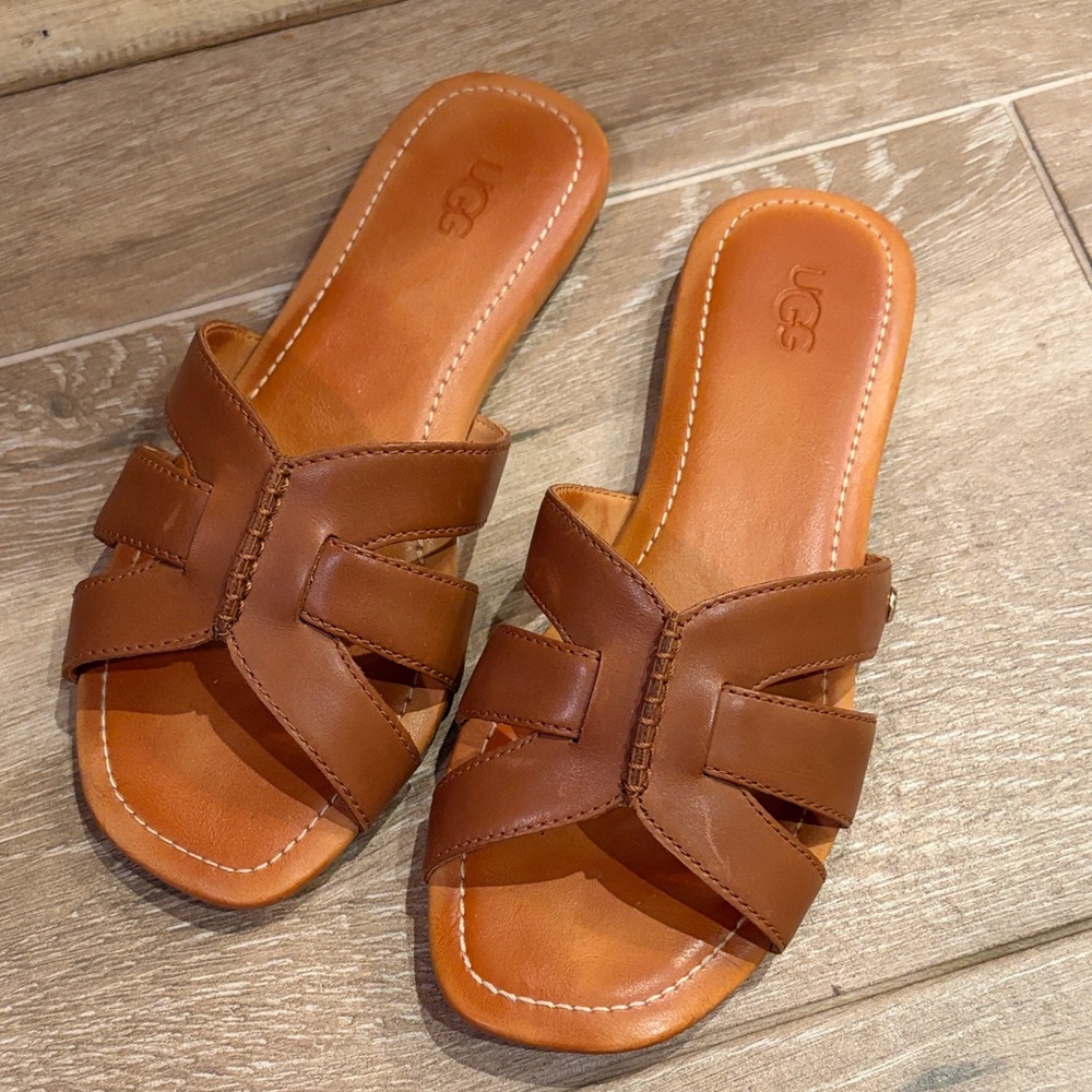 UGG Women's Tan Leather Slide Sandals